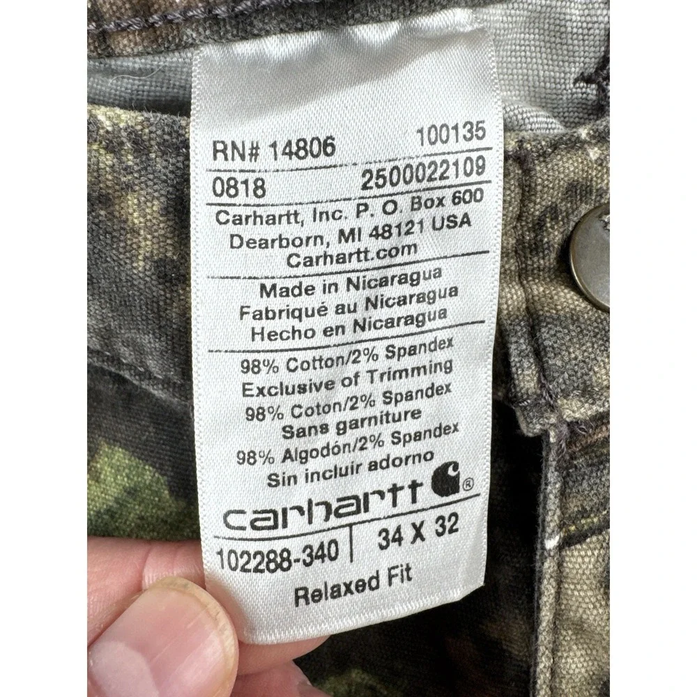 Carhartt Relaxed Fit Mens 34x32 Mossy Oak Real Tree Camo Canvas Pants 102288-340